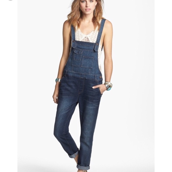 free people slim denim overalls